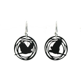 Black bird silhouette earrings on a white background