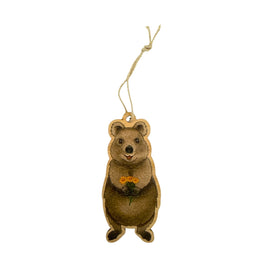 Brown quokka ornament with a string on a white background