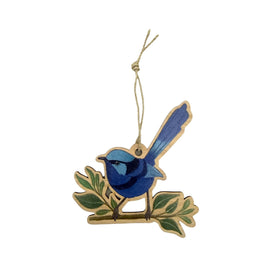 Decorative ornament of a blue wren bird on a branch with a white background