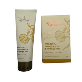 Myrtle & Moss Mandarin, Lemon Myrtle & Orange Peel hand cream and soap on a white background