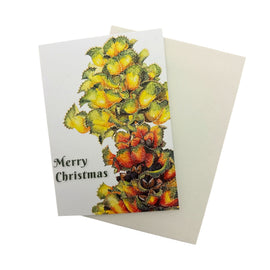Greeting card with Christmas tree design and 'Merry Christmas' text on a white background