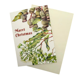 Christmas card with eucalyptus design and 'Marri Christmas' text on a white background