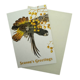 Greeting card with a parrot illustration and 'Season's Greetings' text, featuring a matching envelope.