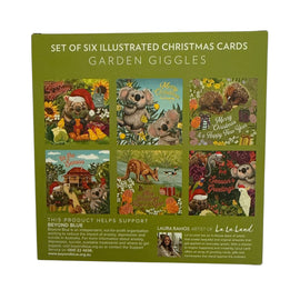 Back packaging of card set showing 6 different designs of Christmas cards.