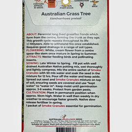 Australian Grass Tree seed packet with text and branding on a white background