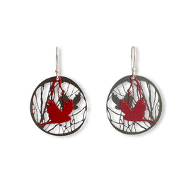 Pair of earrings with red black cockatoo design on a white background