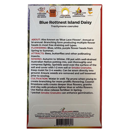 Package of Blue Rottnet Island Daisy seeds with text and branding.