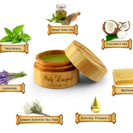 Body balm jar with ingredients like patchouli, lavender, lemon scented tea tree, hemp seed oil, coconut oil, beeswax, and natural vitamin E on a white background.