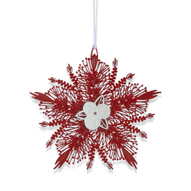 Red bottlebrush  ornament with a white center on a white background