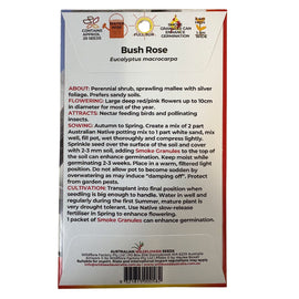 Back of a seed packet for Bush Rose Eucalyptus macrorhacarpa with planting instructions and product details.