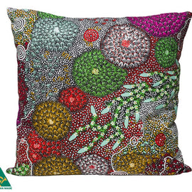 Colorful aboriginal art patterned pillow with Australian Made logo