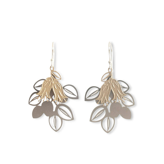 Pair of gold and silver floral earrings on a white background