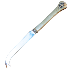 Decorative knife with a curved blade and ornate handle on a white background