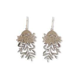Silver floral and leaf earrings on a white background