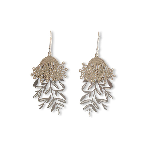 Silver floral and leaf earrings on a white background