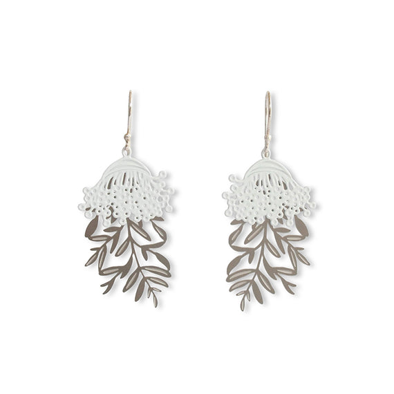 Pair of earrings with floral and leaf designs on a white background