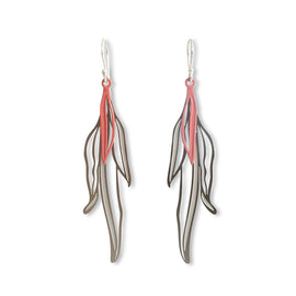 Pair of earrings with pink and silver design on a white background