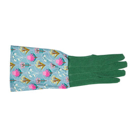 Green gardening glove with floral pattern on a white background