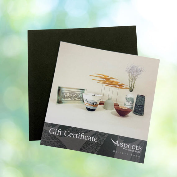 Gift certificate from Aspects of Jones Park with decorative items on a blurred background