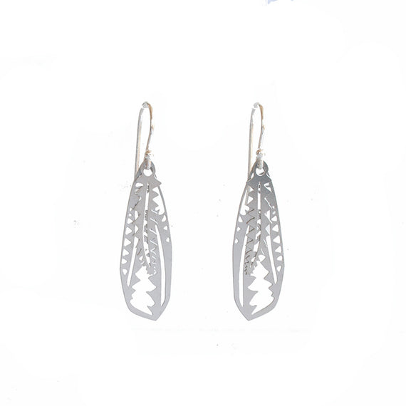 Silver leaf-shaped earrings on a white background