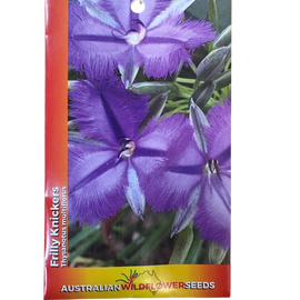 Australian Wildflower Seeds packet with purple flowers on a white background