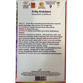 Back of a seed packet for 'Frilly Knickers' with planting instructions and product details.