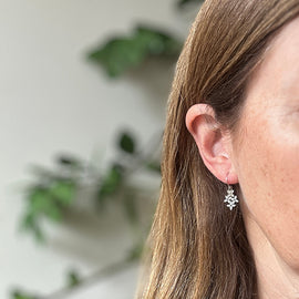 Close up of earring worn by a person.