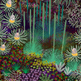 Colourful pattern of native plants and flowers on a dark background