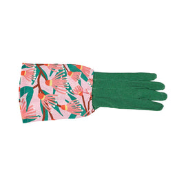 Green gardening glove with a colorful native flower pattern on a white background