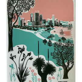 Illustration of a cityscape with trees and water, featuring 'Kings Park, Perth, Western Australia'.