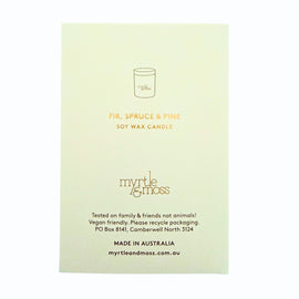 Myrtle & Moss candle packaging with product details on a light green background