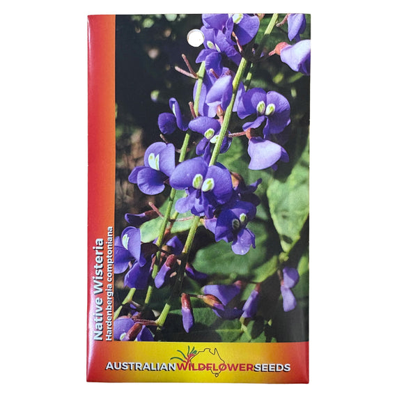 Australian Wildflower Seeds packaging with purple flowers and red border