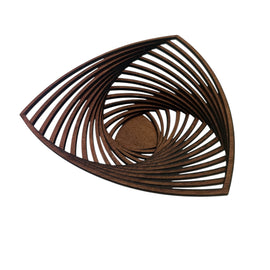 Wooden wall art with a spiral design on a white background