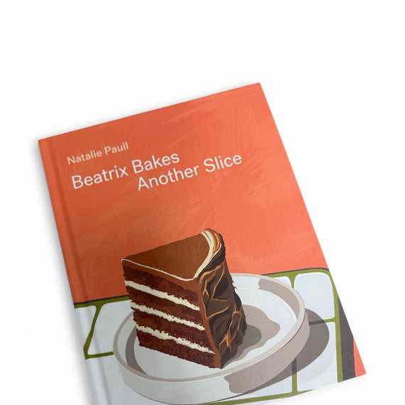 Book titled 'Beatrix Bakes Another Slice' with a cake illustration on an orange background