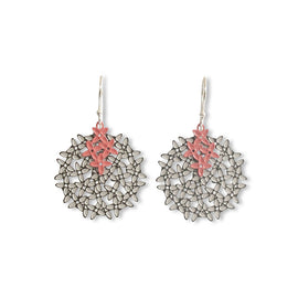Pair of earrings with pink floral designs on a white background