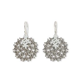 Pair of silver floral earrings on a white background
