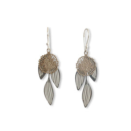 Pair of silver and gold earrings on a white background