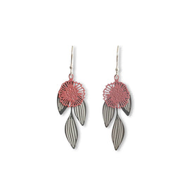 Pair of earrings with pink floral designs and silver leaf-like elements on a white background