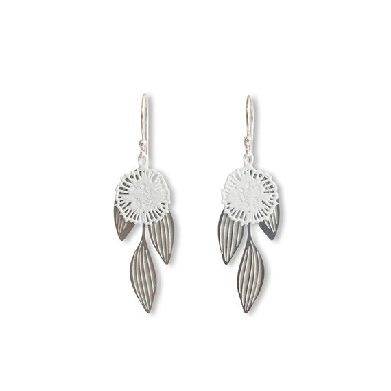 Silver earrings with leaf-like designs on a white background
