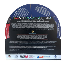 Educational display about the emu in the night sky with text and logos on a white background