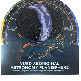 Yued Aboriginal Astronomy Planisphere with star map and constellation illustration on a white background
