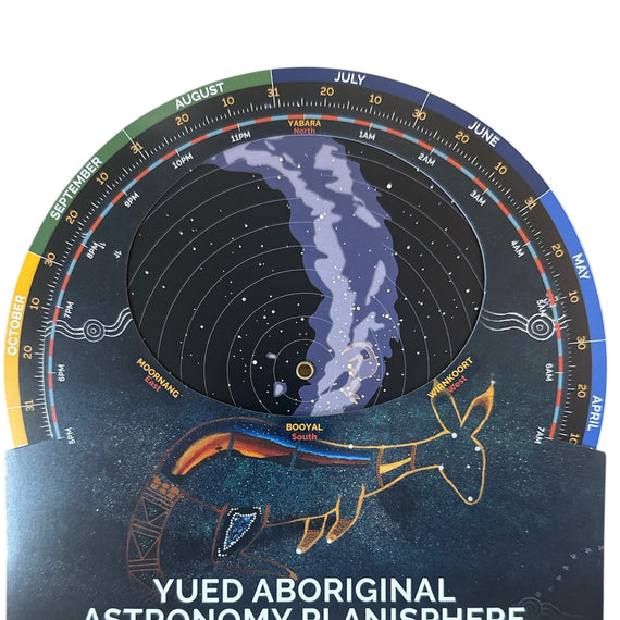 Yued Aboriginal Astronomy Planisphere with star map and constellation illustration on a white background