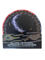 Wajarri Aboriginal Astronomy Planisphere with star map and Aboriginal designs on a white background