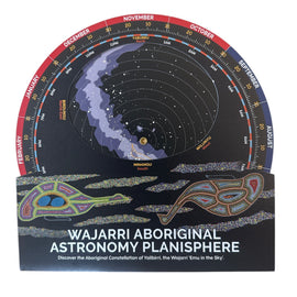 Wajarri Aboriginal Astronomy Planisphere with star map and Aboriginal designs on a white background
