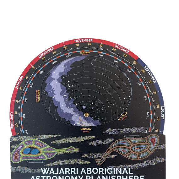 Wajarri Aboriginal Astronomy Planisphere with star map and Aboriginal designs on a white background