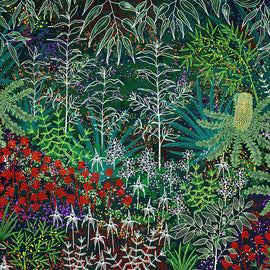 Colorful illustration of a garden with various plants and flowers.