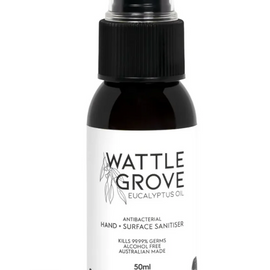Wattle Grove eucalyptus oil spray bottle on a white background