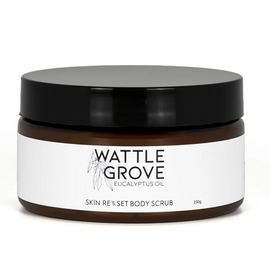Jar of Wattle Grove body scrub on a white background