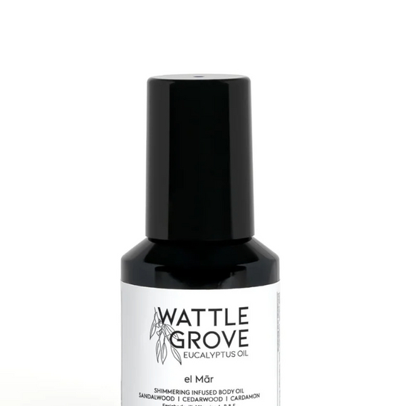 Bottle of Wattle Grove eucalyptus oil on a white background