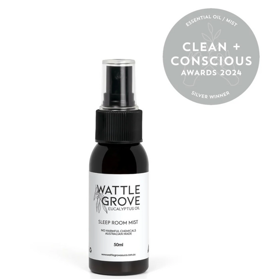Wattle Grove sleep room mist bottle with a Clean + Conscious award badge on a white background